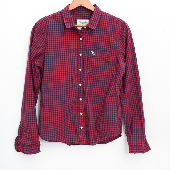 Abercrombie Fitch Women's Long Sleeve Red Navy Gingham Medium - Picture 1 of 10
